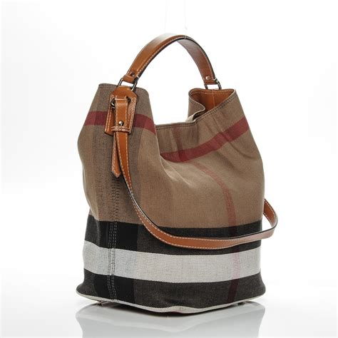 burberry ashby medium check print bucket bag saddle|Burberry Ashby Medium Canvas Bucket Bag in Brown .